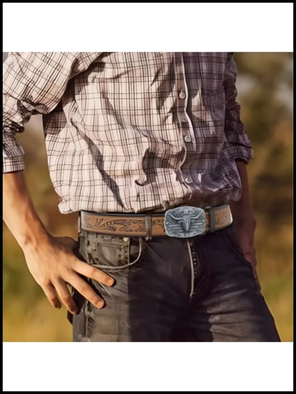Men's Western Leather Belt with Engraved Buckle - Brown – Adjustable